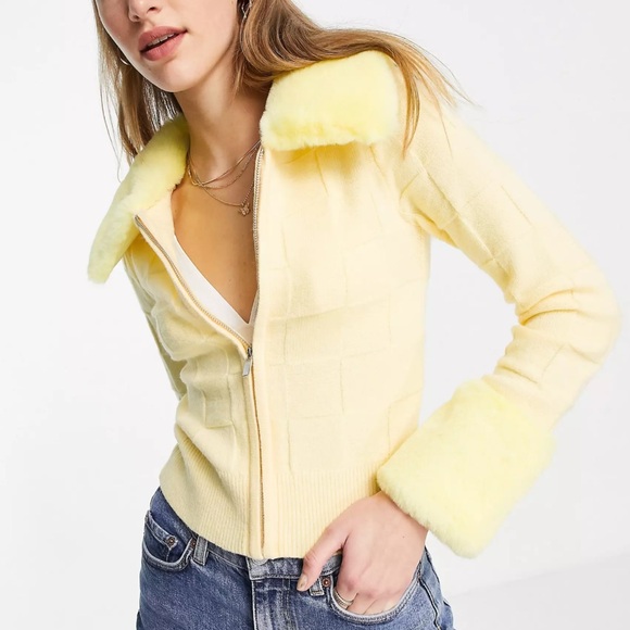 ASOS DESIGN fur trim zip-up cardigan with checkerboard stitch in yellow - Picture 7 of 9